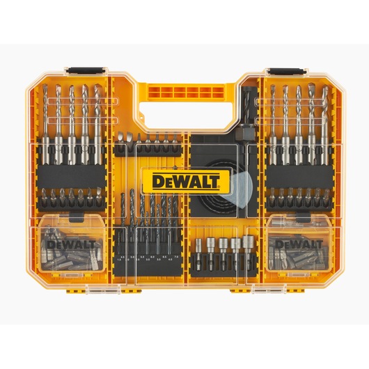 DEWALT yellow case with assorted drill bits and screw bits organized in compartments.