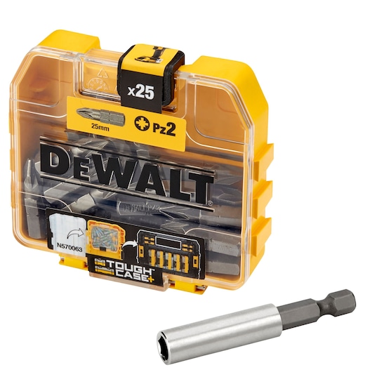 DEWALT Tough Case with 25 PZ2 25mm screwdriver bits and one bit holder.