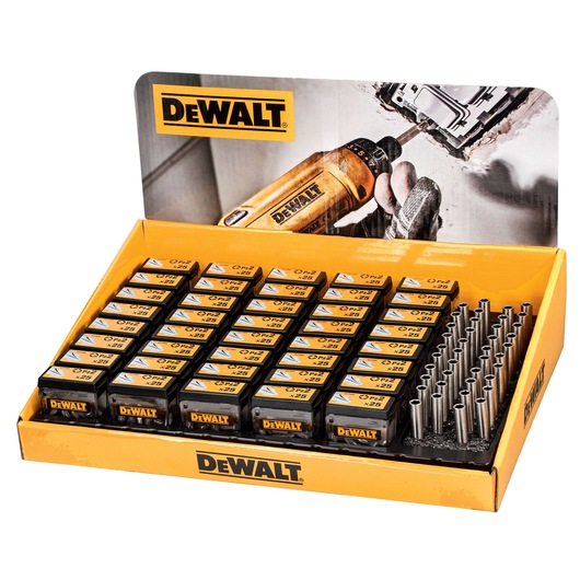 DEWALT display box with drill bit packs and metal bits for construction or repair tools.