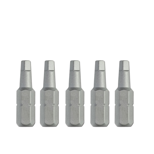 Set of five hexagonal screwdriver bits arranged in a row, made of metal.