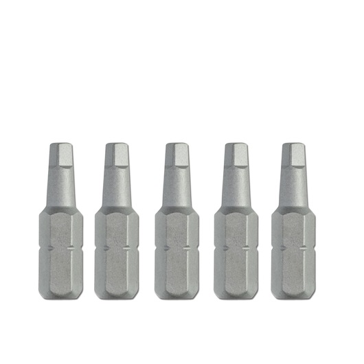 Five DEWALT hex screwdriver bits arranged in a row, used for driving screws with power tools.