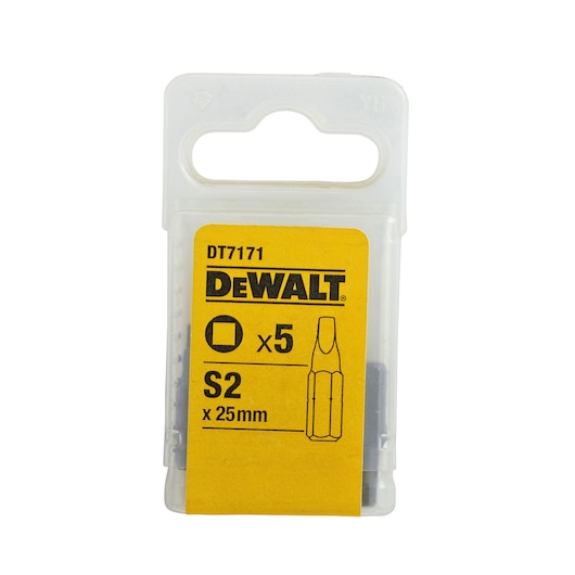 DEWALT DT7171 pack of 5 S2 screwdriver bits, 25mm length, in clear plastic container with yellow label.