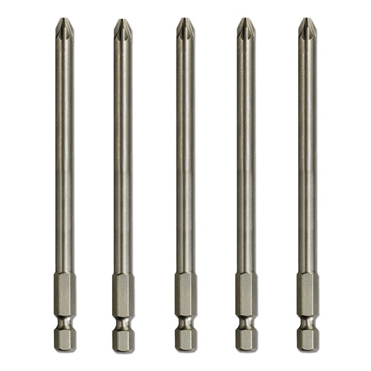 Five long, metallic screwdriver bits with hex shanks are arranged upright in a row on a white background.