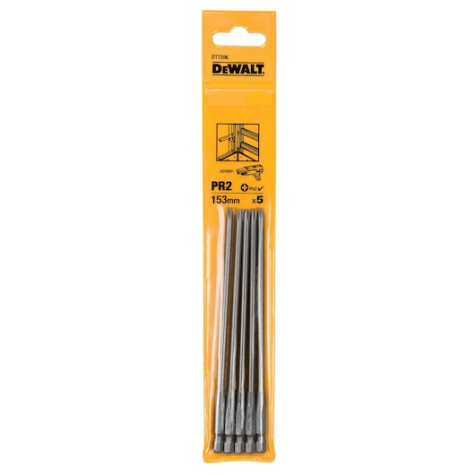 DEWALT DT7206 pack of 5 screwdriver bits, PR2, 153mm length, in yellow packaging.