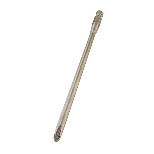 A long metallic screwdriver bit with a Phillips head tip and a hexagonal shank, displayed against a white background.