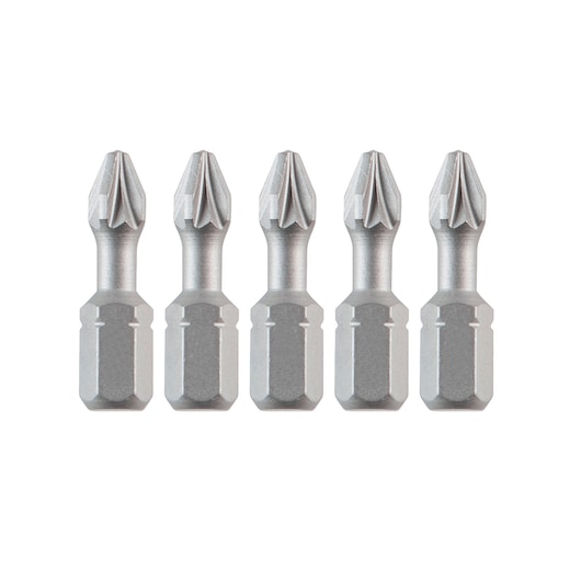Five silver DEWALT screwdriver bits arranged side by side on a white background.