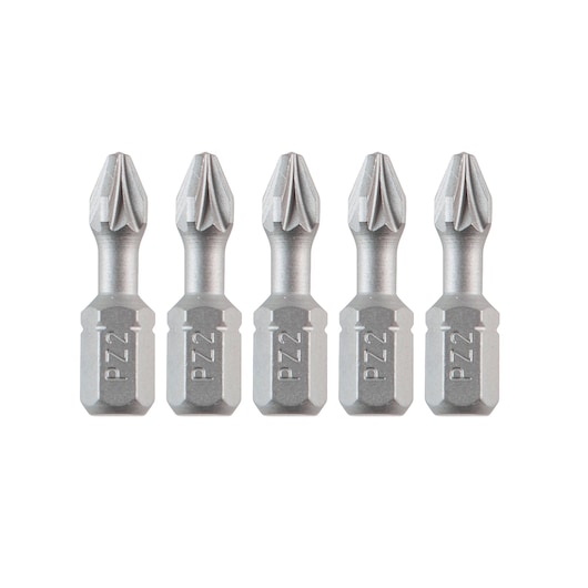 Five DEWALT PZ2 screwdriver bits, arranged in a row on a white background.