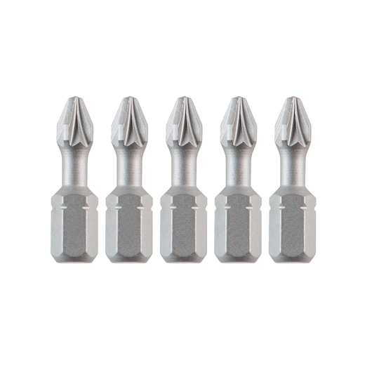 Five silver screwdriver bits with a star-shaped tip are arranged in a row against a white background.