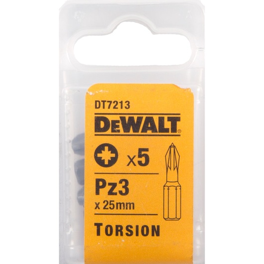 DEWALT DT7213 pack of 5 Pz3 25mm torsion screwdriver bits in transparent plastic box.