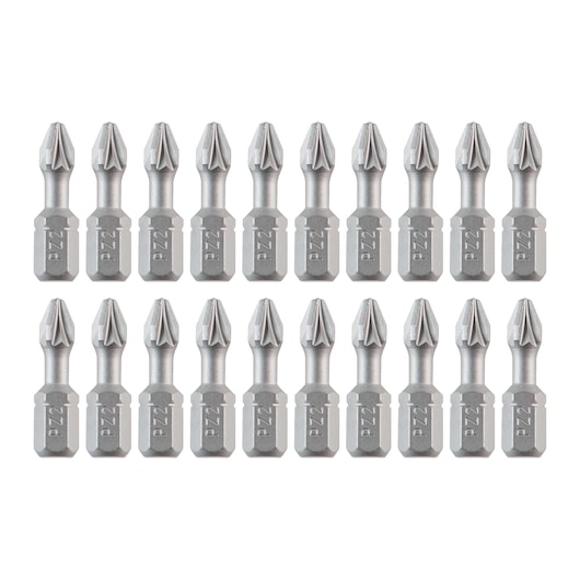 Set of twenty silver DEWALT screwdriver bits arranged in two neat rows, each marked PZ2.