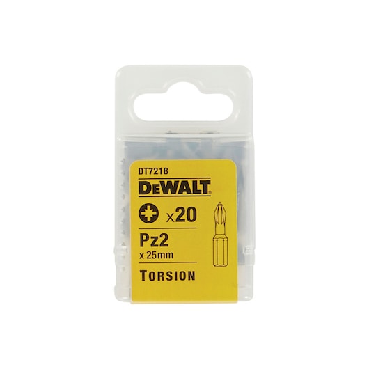 DEWALT DT7218 pack of 20 Pz2 screwdriver bits, 25mm, in a clear plastic box with yellow label.