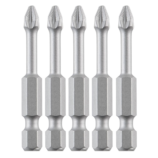 Set of five silver DEWALT screwdriver bits with hexagonal bases, arranged upright side by side.