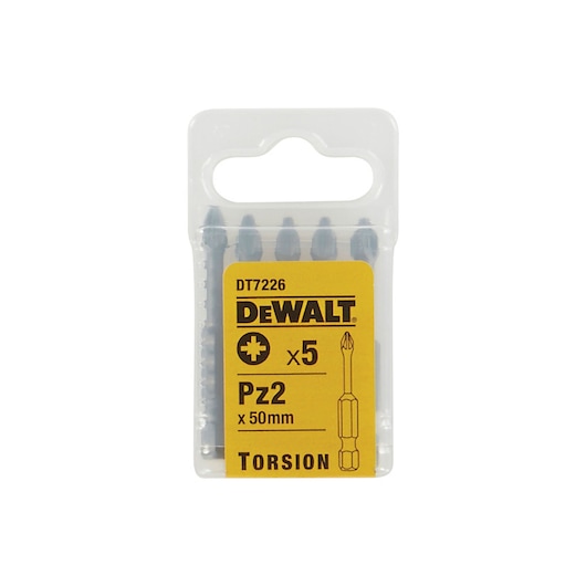 DEWALT DT7226 pack of five Pz2 50mm torsion screwdriver bits in a transparent plastic case.