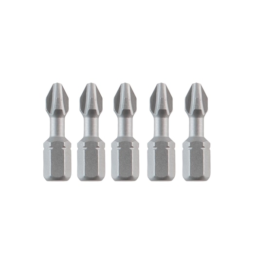 Five silver DEWALT Phillips screwdriver bits displayed in a row on a white background.