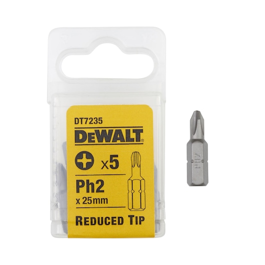 DEWALT DT7235 pack with 5 PH2 25mm screwdriver bits, one bit shown beside the box.