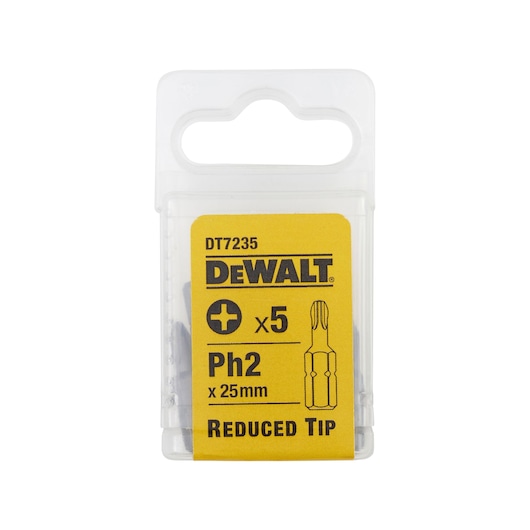 DEWALT DT7235 pack of 5 Ph2 screwdriver bits, 25mm length, reduced tip, yellow label packaging.