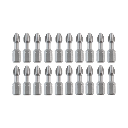 Set of twenty DEWALT screwdriver bits arranged in two rows on a white background.