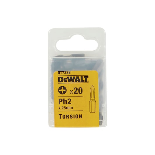 A package of DEWALT DT7238 Torsion screwdriver bits, containing 20 pieces of PH2 25mm bits, in a transparent plastic case with a yellow label.