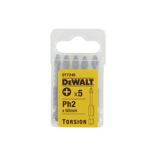 A clear plastic box containing five DEWALT DT7246 Ph2 50mm torsion screwdriver bits. The front of the package features a yellow label with product details and the DEWALT logo.