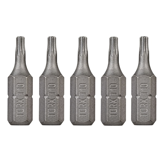 Five DEWALT Torx T10 screwdriver bits are shown lined up side by side on a white background.