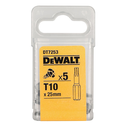 DEWALT DT7253 T10 x 25mm screwdriver bits, pack of 5, in a clear plastic case with yellow label.