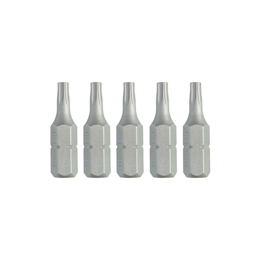 A set of five DEWALT Torx T15 screwdriver bits arranged in a straight line on a white background.