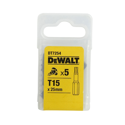 Plastic package of DEWALT DT7254 containing five T15 x 25mm screwdriver bits. The packaging has a yellow label with DEWALT branding and product details.