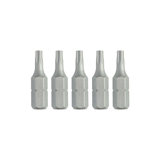 Set of five silver DEWALT Torx screwdriver bits arranged in a row on a white background.