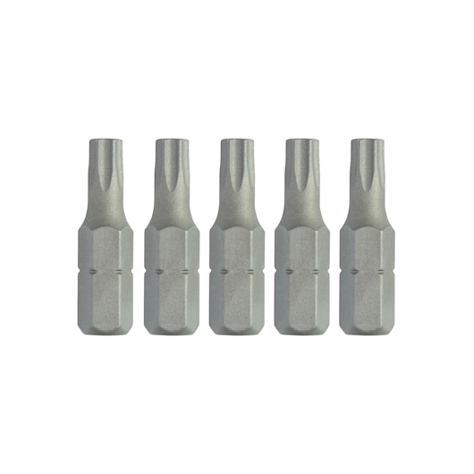 Five identical silver screwdriver bits arranged in a row on a white background.