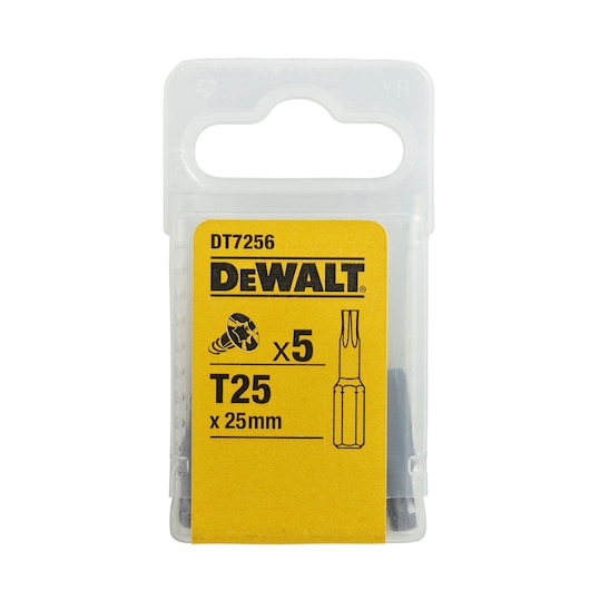 DEWALT DT7256 pack with 5 T25 screwdriver bits, 25mm length, shown in a clear plastic case.