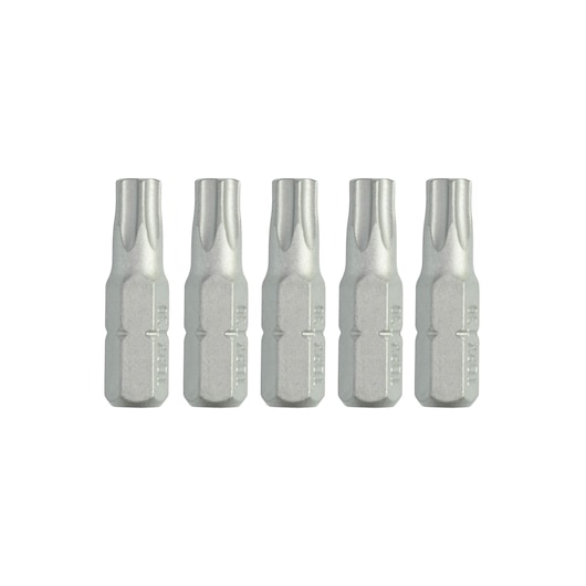 Five silver DEWALT screwdriver bits arranged side by side on a white background.