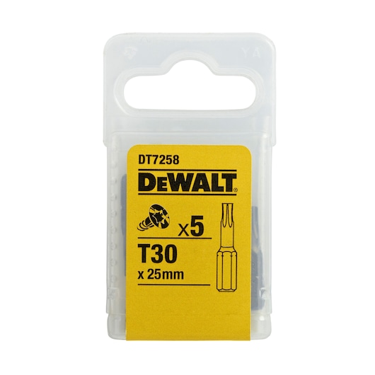 DEWALT DT7258 T30 x 25mm bits pack, yellow label, contains 5 pieces in a clear plastic case.