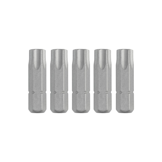 Five silver DEWALT drill bits lined up vertically on a white background.