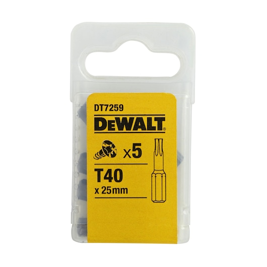 DEWALT DT7259 pack of 5 T40 x 25mm screwdriver bits in clear plastic case with yellow label.