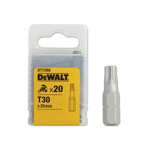 DEWALT DT7268 T30 x 25mm screwdriver bits, pack of 20, with one bit shown outside the packaging.
