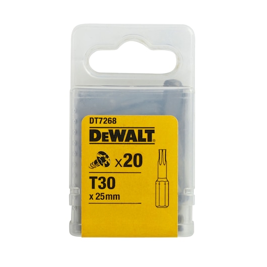 A clear plastic box of DEWALT T30 x 25mm screwdriver bits, DT7268, containing 20 pieces. The packaging is labeled with the DEWALT logo and technical specifications on a yellow background.