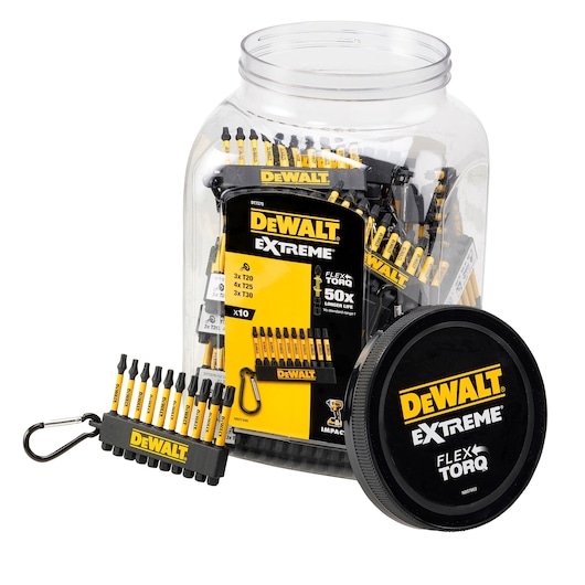 DEWALT DT7275 Extreme FlexTorq screwdriver bit set in a plastic container with black lid and holder.