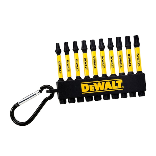 DEWALT bit set with 10 yellow screwdriver bits in black holder and attached carabiner.