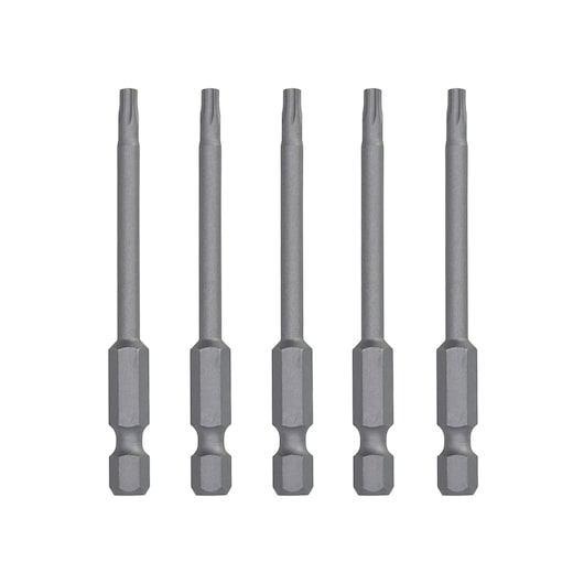 Five DEWALT DT7290 screwdriver bits arranged vertically, gray metal, hex shank, photographed on white background.