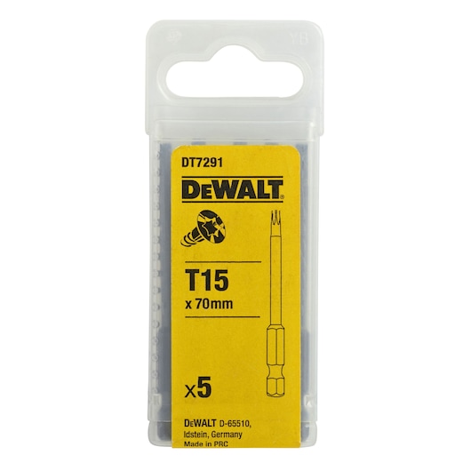 A plastic container of DEWALT DT7291 T15 x 70mm screwdriver bits, holding 5 pieces. The packaging is yellow and clear with DEWALT branding and technical details.