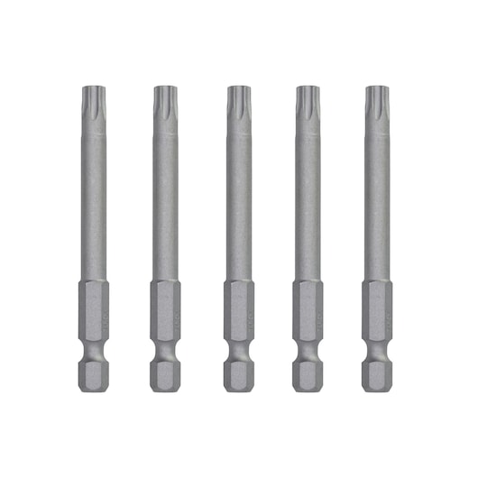 Five DEWALT screwdriver bits with hex shanks, arranged vertically in a row on a white background.
