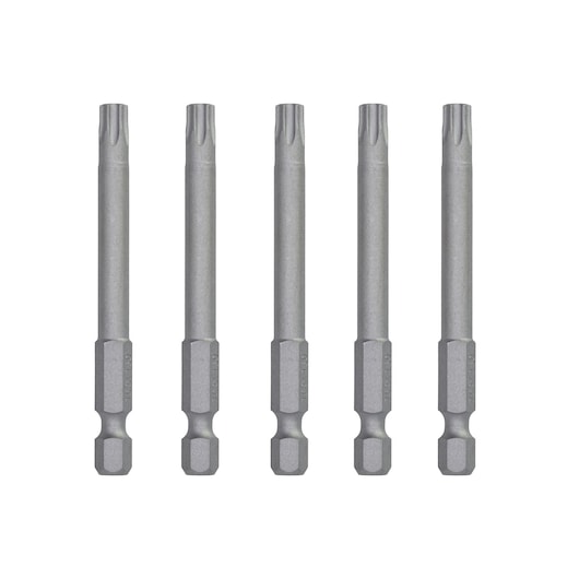 Five DEWALT gray screwdriver bits lined up vertically on a white background.