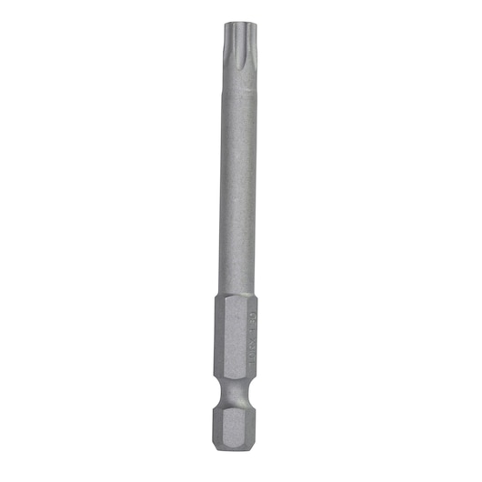 Metal screwdriver bit with hex shank and star tip, suitable for use with power tools.