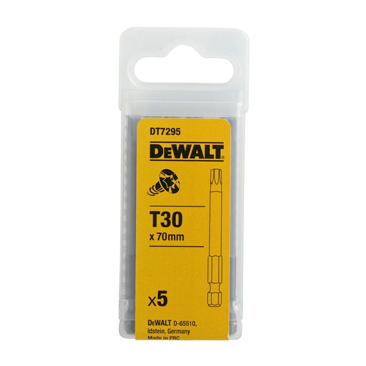 DEWALT DT7295 pack of 5 T30 x 70mm screwdriver bits in a clear plastic box with yellow label.