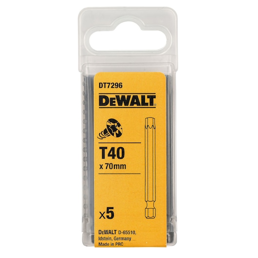DEWALT T40 x 70mm bit pack, 5 pieces. Photography. SKUs: DT7296, DT7296-QZ.