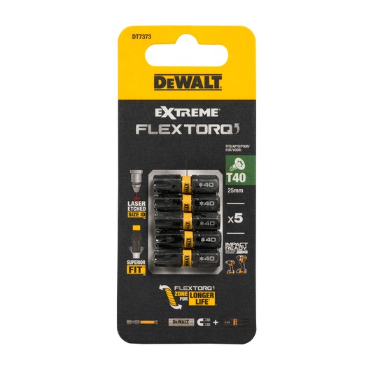 Pack of five DEWALT Extreme FlexTorq T40 25mm impact screwdriver bits in black and yellow packaging, labeled with product information including laser etched size ID and superior fit.