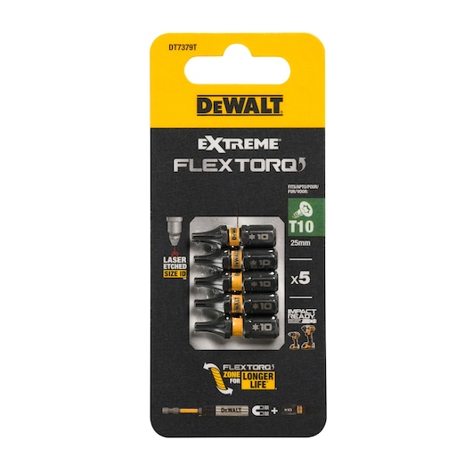 DEWALT DT7379T Extreme FlexTorq T10 25mm screwdriving bits pack of 5 in black and yellow packaging.