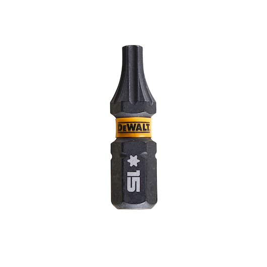 DEWALT Torx 15 screwdriver bit with black and yellow finish, shown upright on a white background.