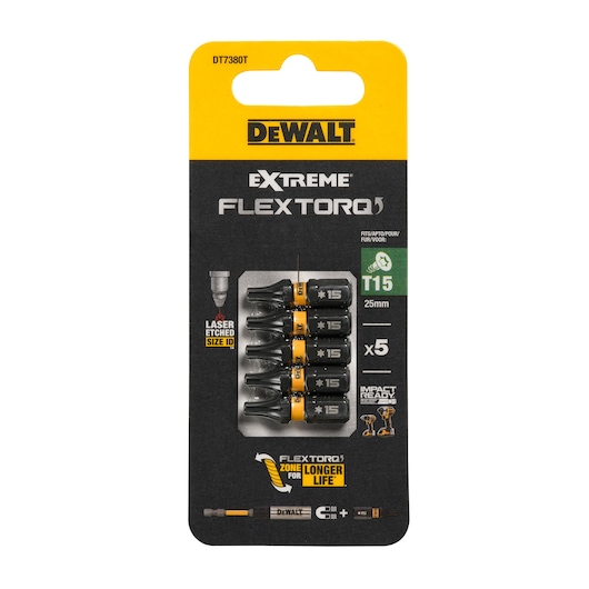 DEWALT DT7380T Extreme FlexTorq T15 25mm screwdriver bits pack, five pieces, impact ready.