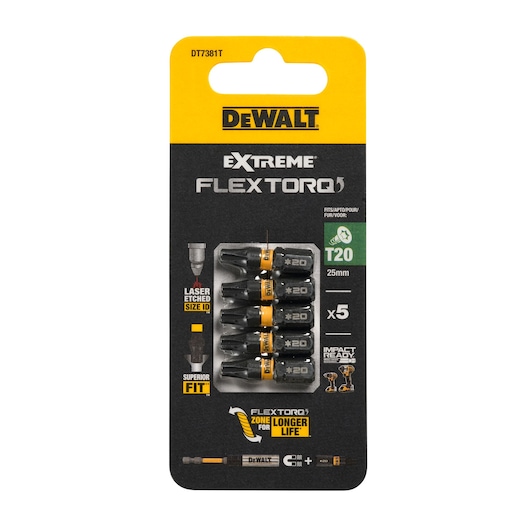 DEWALT DT7381T Extreme FlexTorq T20 bit set, pack of 5, for impact drivers, 25mm length, black and yellow.